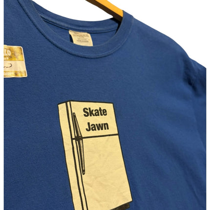 OutOf10 blue cotton crewneck t-shirt featuring a graphic print of a refrigerator on the chest on a wooden hanger
