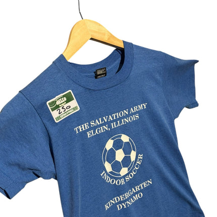 OutOf10 blue youth soccer t-shirt with vintage Salvation Army Elgin Illinois Indoor Soccer graphic on a hanger