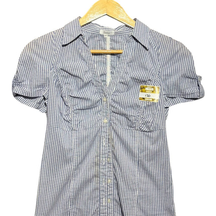 OutOf10 blue and white gingham short sleeve button-down shirt with feminine ruching details and a classic collar.