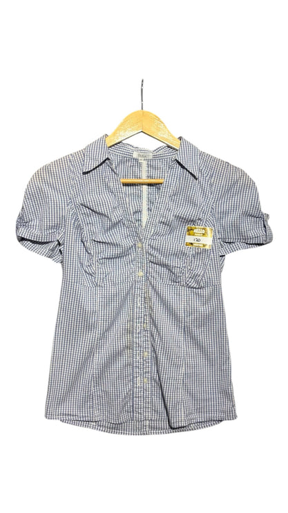 OutOf10 blue and white gingham short sleeve button-down shirt with feminine ruching details and a classic collar.