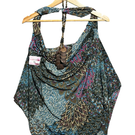 OutOf10 bohemian shoulder bag in teal and purple paisley print with wooden bead accents on a wooden hanger