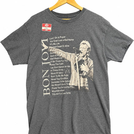 OutOf10 heather grey Bon Jovi graphic t-shirt with Jon Bon Jovi photo and song list on a wooden hanger