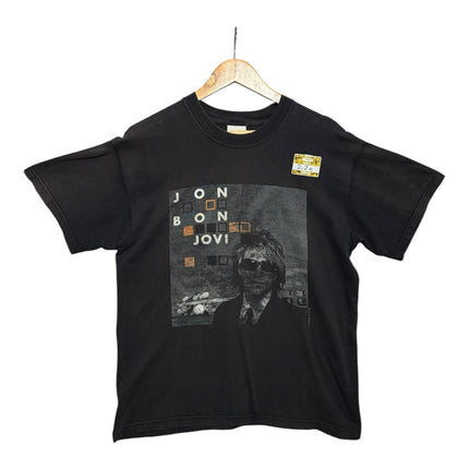 OutOf10 black vintage-style cotton t-shirt featuring a graphic portrait of Jon Bon Jovi on a wooden hanger