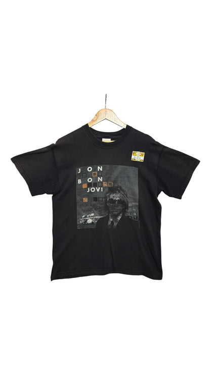 OutOf10 black vintage-style cotton t-shirt featuring a graphic portrait of Jon Bon Jovi on a wooden hanger