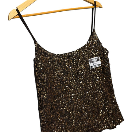 OutOf10 dark bronze sleeveless camisole top with all-over sequin embellishment and thin spaghetti straps on a hanger