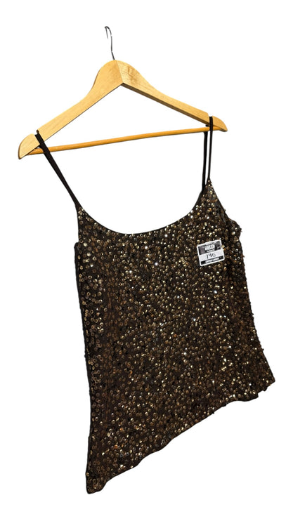 OutOf10 dark bronze sleeveless camisole top with all-over sequin embellishment and thin spaghetti straps on a hanger