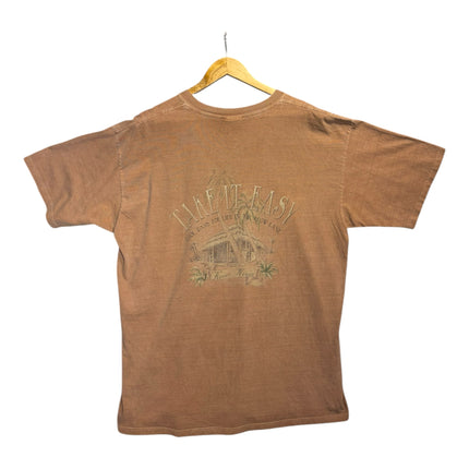 OutOf10 brown cotton graphic t-shirt with Take It Easy island palm tree print on the back hanging on a wooden hanger