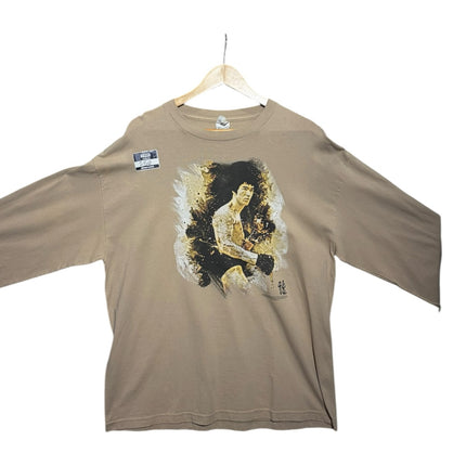 OutOf10 tan long sleeve t-shirt featuring a vintage-style Bruce Lee graphic print with artistic brushstroke details.