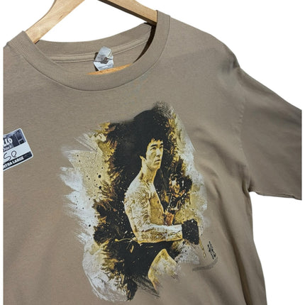 OutOf10 tan long sleeve t-shirt featuring a vintage-style Bruce Lee graphic print with artistic brushstroke details.