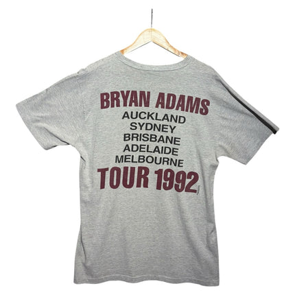 OutOf10 vintage grey Bryan Adams 1992 Waking Up The World tour t-shirt showing back print with city list