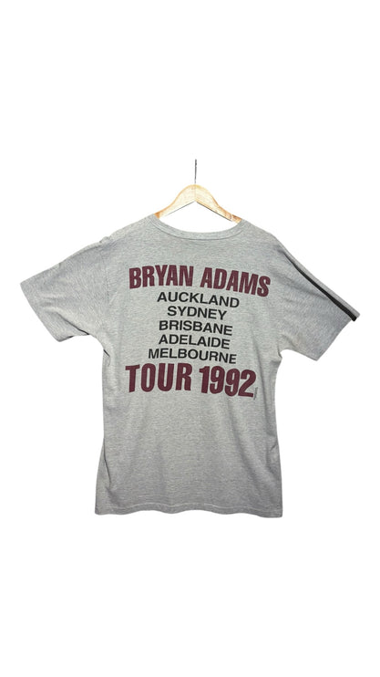 OutOf10 vintage grey Bryan Adams 1992 Waking Up The World tour t-shirt showing back print with city list