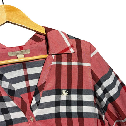 OutOf10 Burberry Brit red, black, and white plaid button-down shirt with a classic collar and embroidered chest logo.