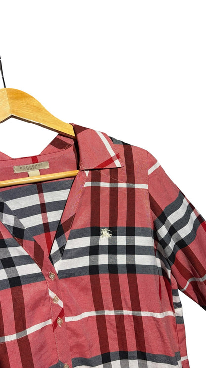 OutOf10 Burberry Brit red, black, and white plaid button-down shirt with a classic collar and embroidered chest logo.