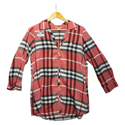 OutOf10 Burberry Brit red, black, and white plaid button-down shirt with three-quarter sleeves and chest logo.