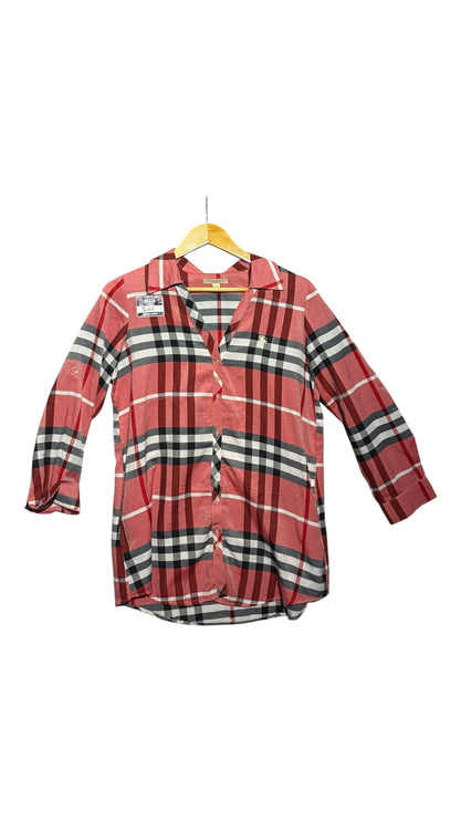 OutOf10 Burberry Brit red, black, and white plaid button-down shirt with three-quarter sleeves and chest logo.
