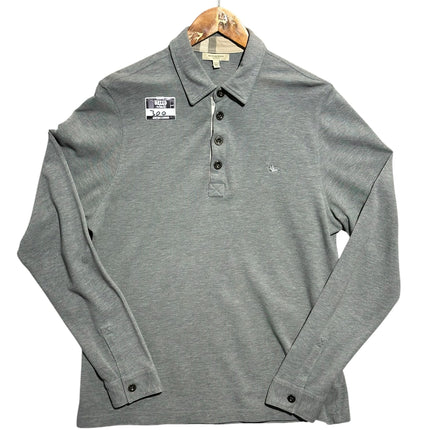 OutOf10 grey Burberry London long sleeve polo shirt with buttoned placket and embroidered equestrian knight logo
