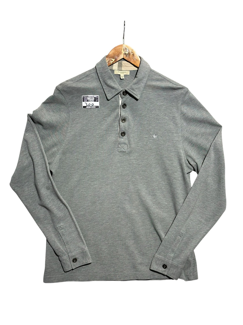 OutOf10 grey Burberry London long sleeve polo shirt with buttoned placket and embroidered equestrian knight logo