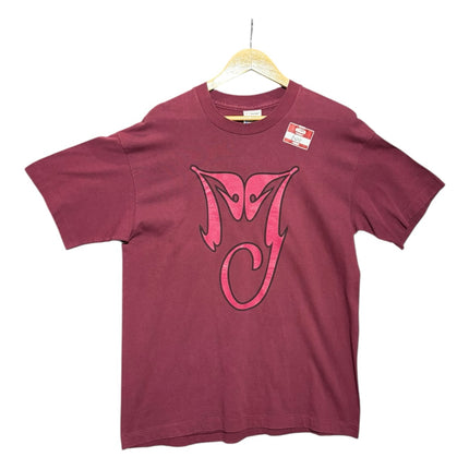 OutOf10 burgundy cotton t-shirt featuring a bold pink Michael Jackson MJ logo on the front