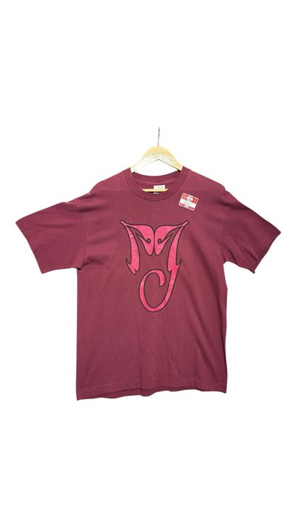 OutOf10 burgundy cotton t-shirt featuring a bold pink Michael Jackson MJ logo on the front