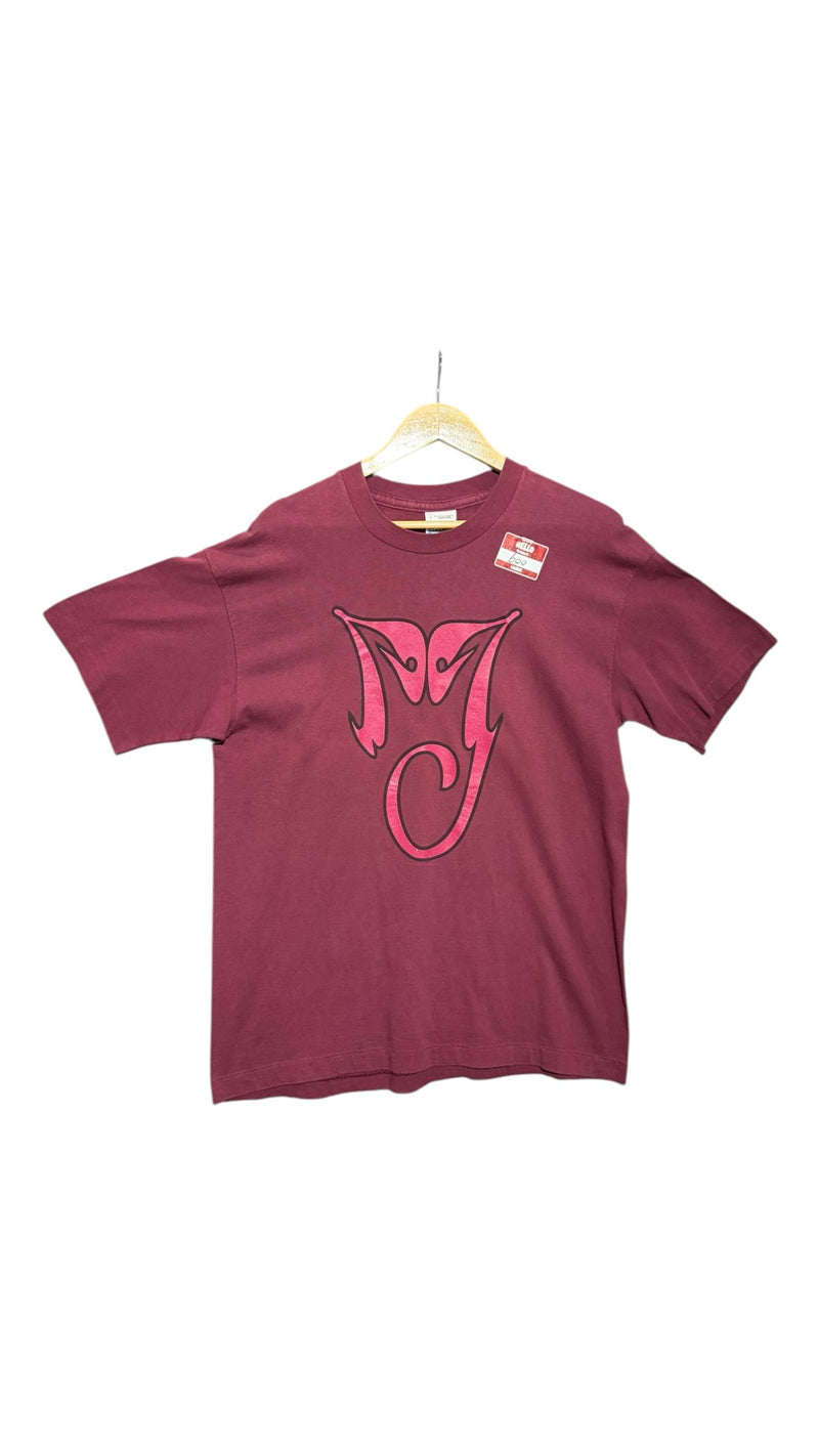 OutOf10 burgundy cotton t-shirt featuring a bold pink Michael Jackson MJ logo on the front