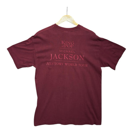 OutOf10 burgundy cotton t-shirt featuring Michael Jackson HIStory World Tour branding on the back