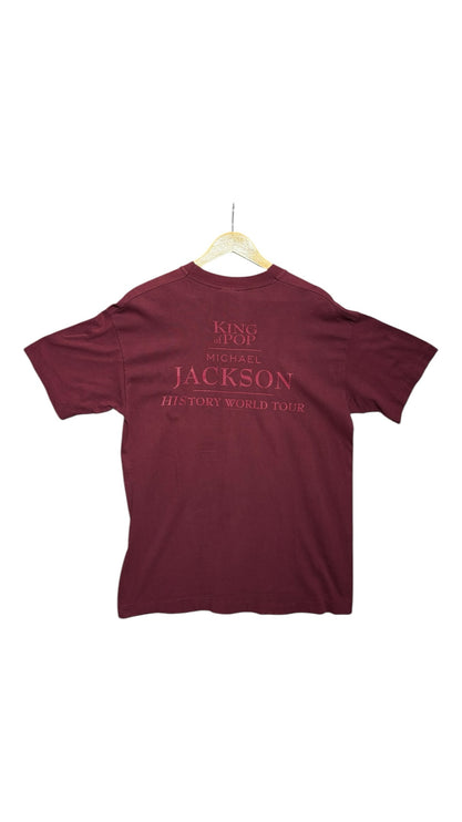OutOf10 burgundy cotton t-shirt featuring Michael Jackson HIStory World Tour branding on the back