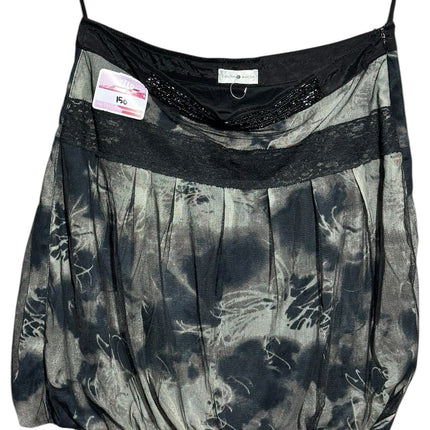 OutOf10 Cache Cache sleeveless evening camisole in black and grey abstract print with mesh overlay and beaded neckline.