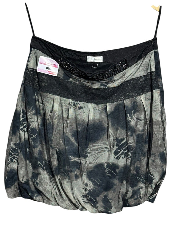 OutOf10 Cache Cache sleeveless evening camisole in black and grey abstract print with mesh overlay and beaded neckline.