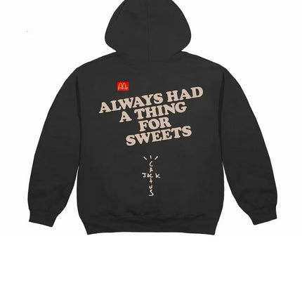 OutOf10 black Travis Scott Cactus Jack McDonald's graphic hoodie featuring back typography and a drawstring hood