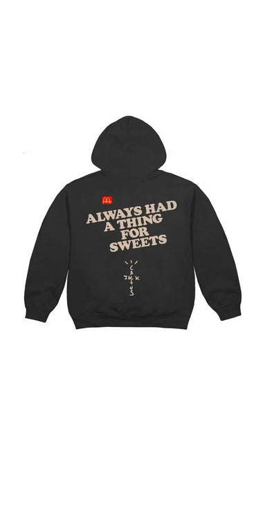 OutOf10 black Travis Scott Cactus Jack McDonald's graphic hoodie featuring back typography and a drawstring hood