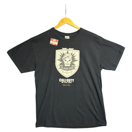 OutOf10 black cotton crewneck t-shirt featuring a Call of Duty Black Ops skull shield graphic print on the chest.
