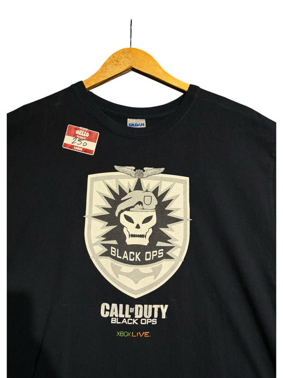 OutOf10 black Call of Duty Black Ops crewneck t-shirt with a graphic skull shield emblem and Xbox Live logo.