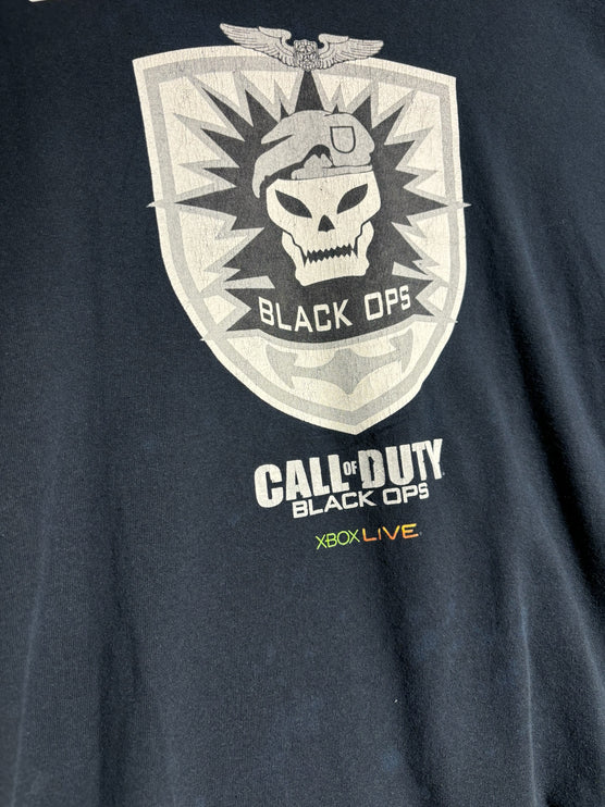 OutOf10 black cotton t-shirt featuring a distressed Call of Duty Black Ops skull emblem and Xbox Live logo print.