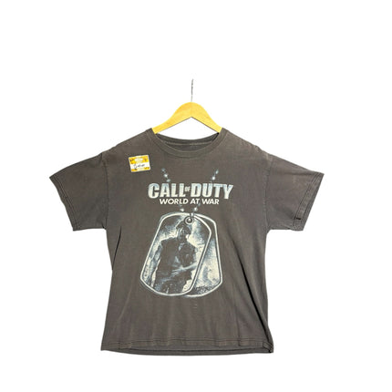 OutOf10 charcoal grey Call of Duty World at War graphic crewneck t-shirt with distressed military dog tag print.