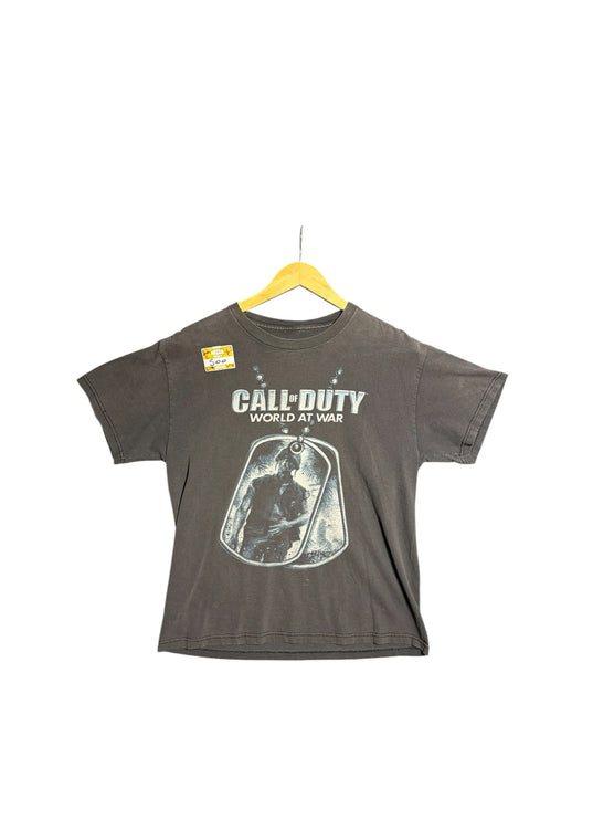 OutOf10 charcoal grey Call of Duty World at War graphic crewneck t-shirt with distressed military dog tag print.