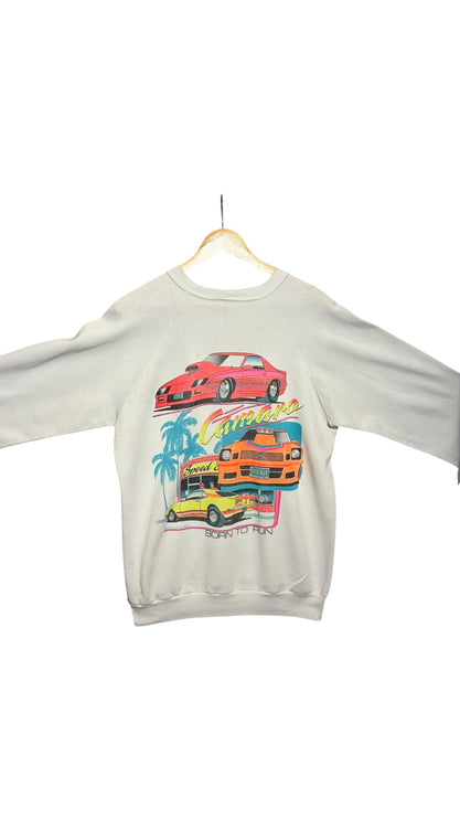 OutOf10 light grey crewneck sweatshirt featuring a vintage Camaro muscle car graphic with palm trees on the back