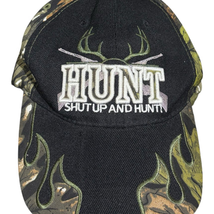 OutOf10 black and camouflage hunting baseball cap with HUNT embroidery and flame details on the brim.