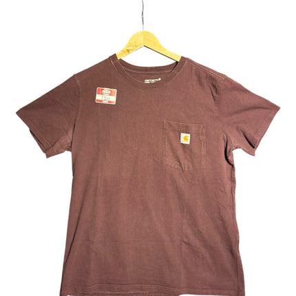 OutOf10 brown Carhartt short sleeve cotton t-shirt with a chest pocket and logo patch hanging on a wooden hanger.