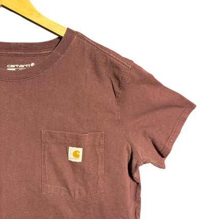 OutOf10 brown Carhartt short sleeve cotton t-shirt with a chest pocket and logo patch on a wooden hanger