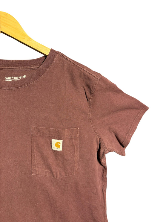 OutOf10 brown Carhartt short sleeve cotton t-shirt with a chest pocket and logo patch on a wooden hanger