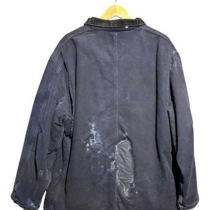Back view of a vintage OutOf10 Carhartt heavyweight canvas work jacket in dark grey with distressed detailing.