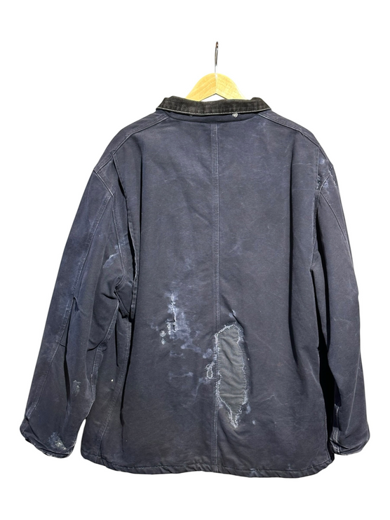 Back view of a vintage OutOf10 Carhartt heavyweight canvas work jacket in dark grey with distressed detailing.