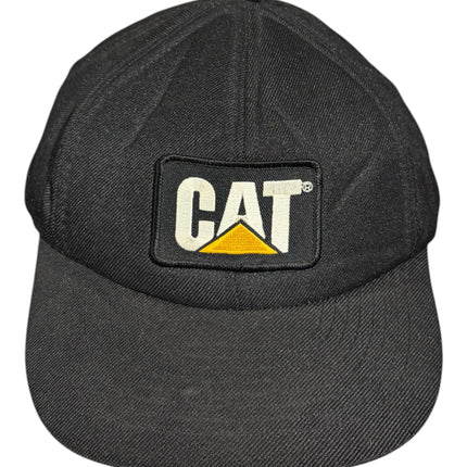 OutOf10 black Caterpillar baseball cap with an embroidered CAT logo patch on the front and a structured crown.
