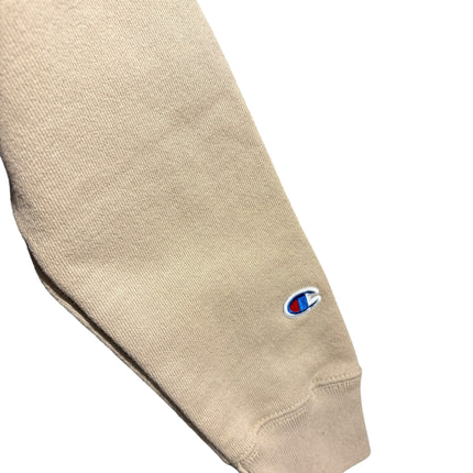 OutOf10 Champion taupe-beige cotton-blend hoodie sleeve featuring the iconic embroidered logo patch