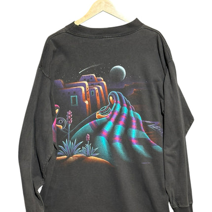 OutOf10 charcoal long sleeve t-shirt featuring a vibrant vintage southwestern desert landscape graphic print.
