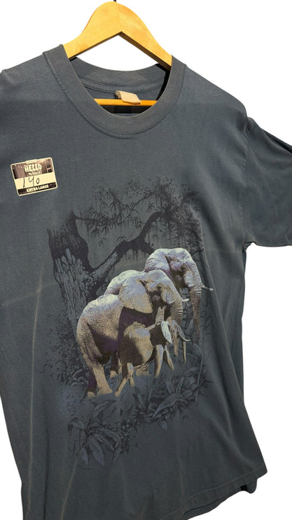 OutOf10 charcoal grey cotton crewneck t-shirt featuring a detailed vintage elephant herd graphic print on the front.