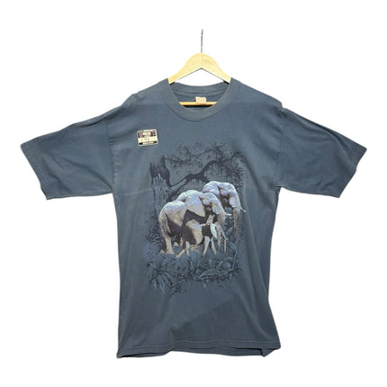 OutOf10 charcoal grey cotton crewneck t-shirt featuring a detailed vintage elephant herd graphic print on the front.