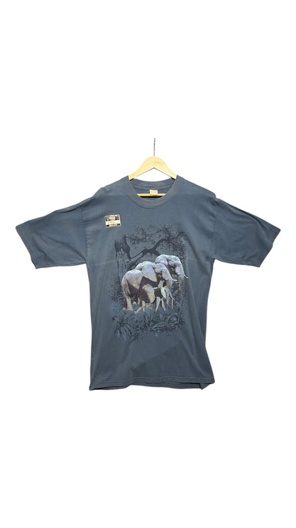 OutOf10 charcoal grey cotton crewneck t-shirt featuring a detailed vintage elephant herd graphic print on the front.