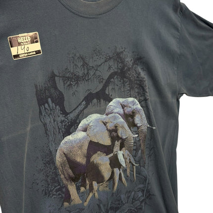 OutOf10 charcoal grey cotton crewneck t-shirt featuring a detailed vintage elephant herd graphic print