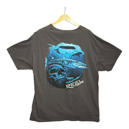 OutOf10 charcoal grey Reel Legends graphic t-shirt featuring a blue barracuda and skull print on the back